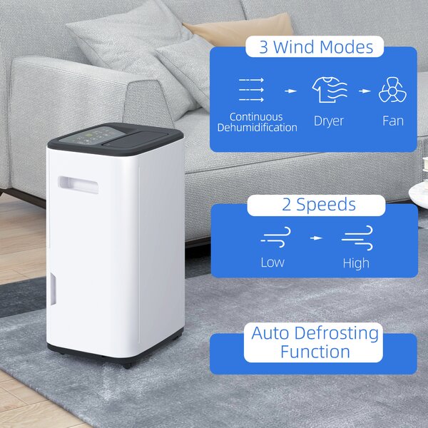 HOMCOM 20L/Day Quiet Compact Dehumidifier with 24H Timer, 3 Dehumidifying Modes, for Home Laundry Basement Aosom UK
