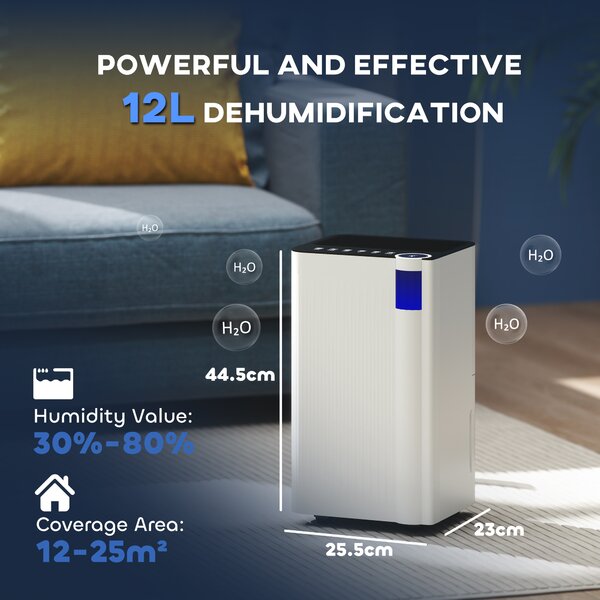 HOMCOM 12L/Day Quiet Dehumidifier with Continuous Drainage, 2L Water Tank, 24H Timer, Digital Humidity Display, Filter, Auto Defrost, for Home Laundry, White Aosom UK