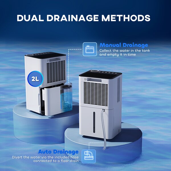 HOMCOM 12L/Day Quiet Dehumidifier with Continuous Drainage, 2L Water Tank, 24H Timer, Digital Humidity Display, Filter, Auto Defrost, for Home Laundry, White Aosom UK