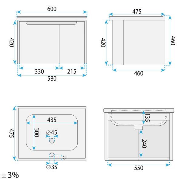 Bathroom vanity unit with sink Rea Rivo DB86-60L-3 Light 60cm