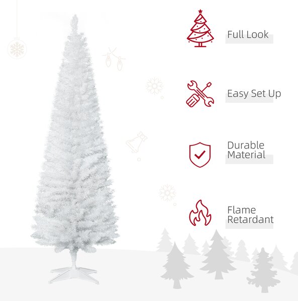 HOMCOM 1.8m 6ft Artificial Pine Pencil Slim Tall Christmas Tree with 390 Branch Tips Xmas Holiday Décor with Stand White Aosom UK