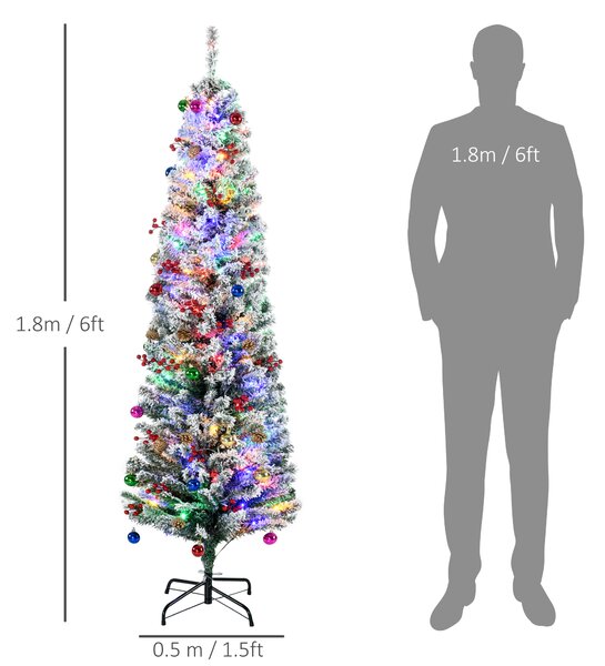 HOMCOM 6' Artificial Prelit Christmas Trees Holiday Décor with Warm White LED Lights, Flocked Tips, Berry, Pine Cone