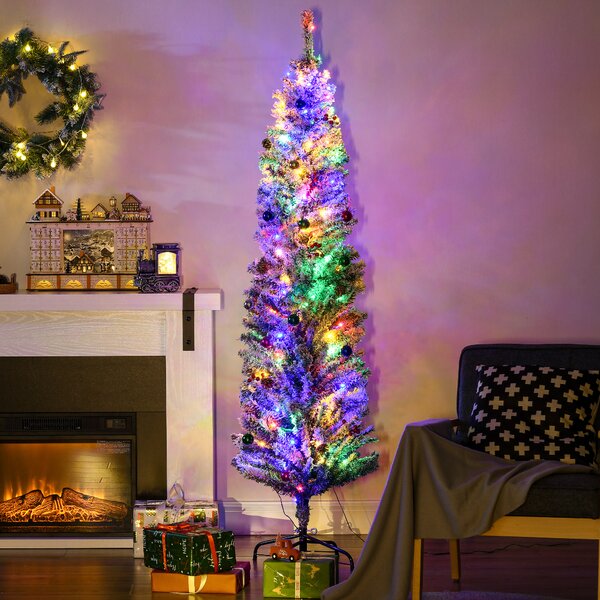 HOMCOM 6' Artificial Prelit Christmas Trees Holiday Décor with Warm White LED Lights, Flocked Tips, Berry, Pine Cone