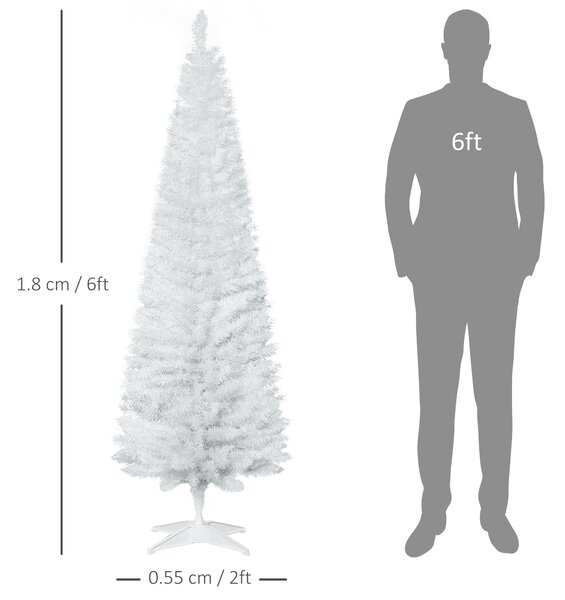 HOMCOM 1.8m 6ft Artificial Pine Pencil Slim Tall Christmas Tree with 390 Branch Tips Xmas Holiday Décor with Stand White Aosom UK