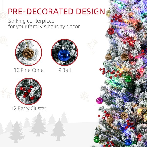 HOMCOM 6' Artificial Prelit Christmas Trees Holiday Décor with Warm White LED Lights, Flocked Tips, Berry, Pine Cone