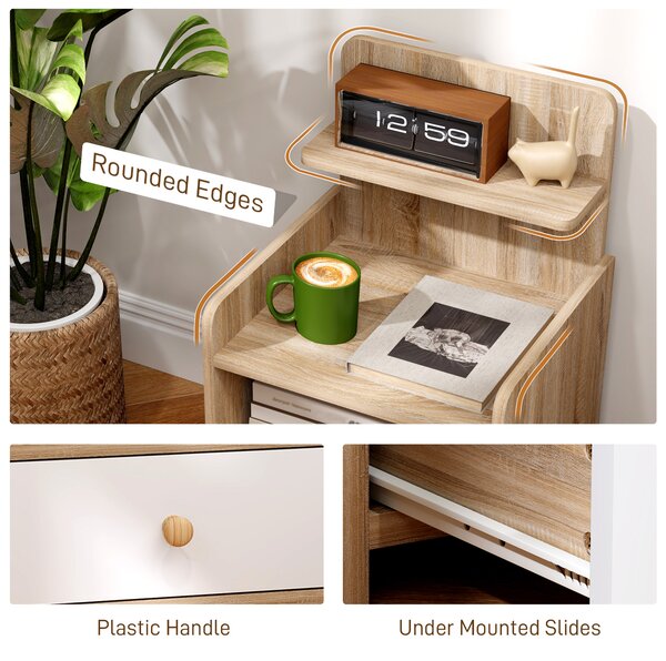 HOMCOM Multi-Storage Bedside Table - White/Wood-Effect