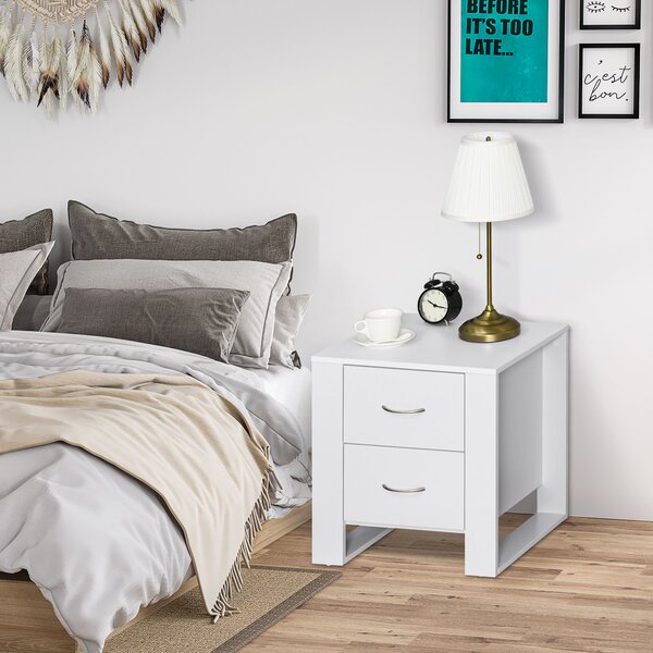 HOMCOM Bedside Table with 2 Drawers, Modern Boxy Design, Elevated Base, Melamine Finish, Bedroom Storage, White Aosom UK