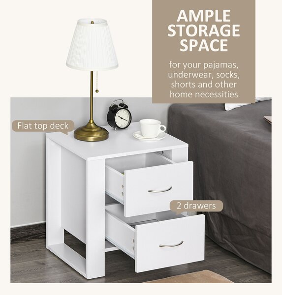 HOMCOM Bedside Table with 2 Drawers, Modern Boxy Design, Elevated Base, Melamine Finish, Bedroom Storage, White Aosom UK