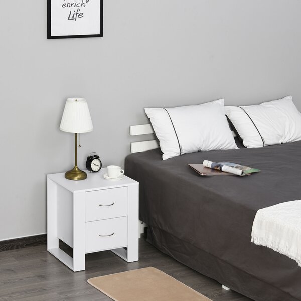 HOMCOM Bedside Table with 2 Drawers, Modern Boxy Design, Elevated Base, Melamine Finish, Bedroom Storage, White Aosom UK