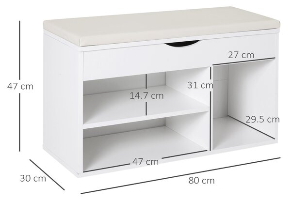 HOMCOM Wooden Shoes Rack Bench, Hidden Storage Padded Seat, Organiser Footwear Rack, Hallway, White, 80 x 30 x 47 cm