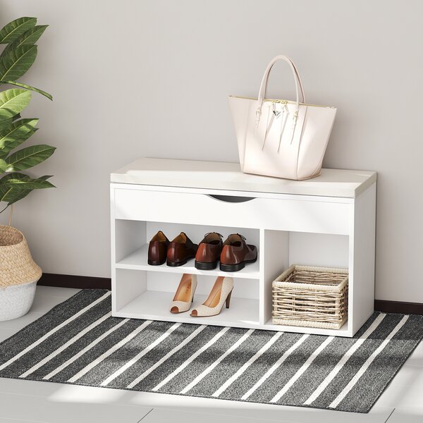 HOMCOM Wooden Shoes Rack Bench, Hidden Storage Padded Seat, Organiser Footwear Rack, Hallway, White, 80 x 30 x 47 cm