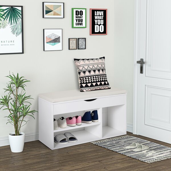 HOMCOM Wooden Shoes Rack Bench, Hidden Storage Padded Seat, Organiser Footwear Rack, Hallway, White, 80 x 30 x 47 cm