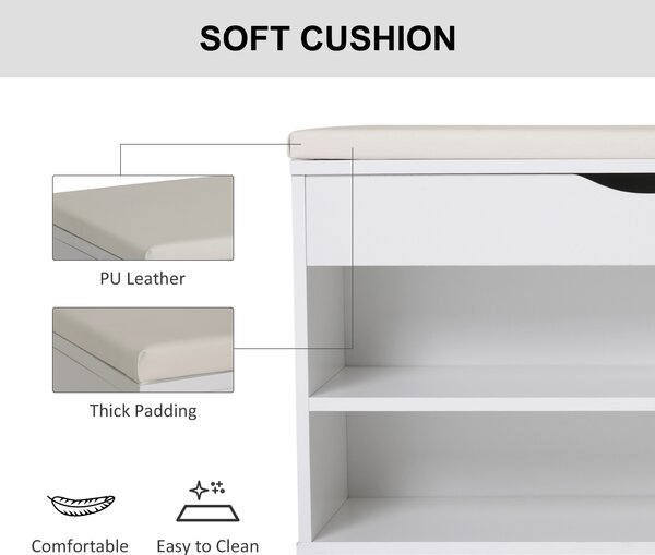 HOMCOM Wooden Shoes Rack Bench, Hidden Storage Padded Seat, Organiser Footwear Rack, Hallway, White, 80 x 30 x 47 cm