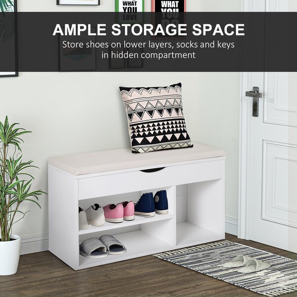 HOMCOM Wooden Shoes Rack Bench, Hidden Storage Padded Seat, Organiser Footwear Rack, Hallway, White, 80 x 30 x 47 cm