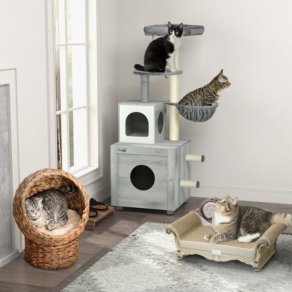 PawHut Wicker Cat Bed, Raised Rattan Cat Basket with Cylindrical Base, Soft Washable Cushion, Brown, 42 x 33 x 52 cm Aosom UK