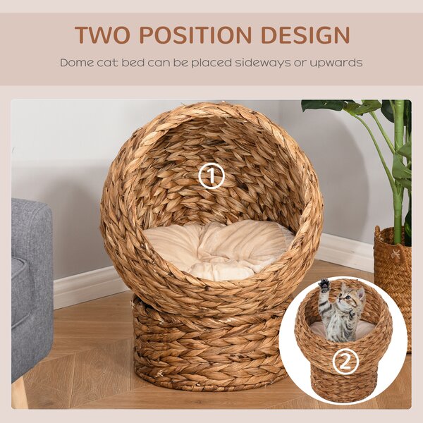 PawHut Wicker Cat Bed, Raised Rattan Cat Basket with Cylindrical Base, Soft Washable Cushion, Brown, 42 x 33 x 52 cm Aosom UK