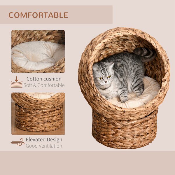 PawHut Wicker Cat Bed, Raised Rattan Cat Basket with Cylindrical Base, Soft Washable Cushion, Brown, 42 x 33 x 52 cm Aosom UK