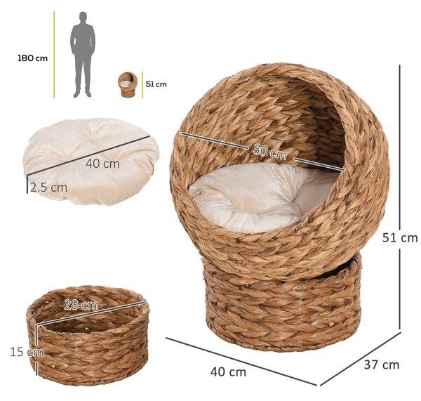 PawHut Wicker Cat Bed, Raised Rattan Cat Basket with Cylindrical Base, Soft Washable Cushion, Brown, 42 x 33 x 52 cm Aosom UK