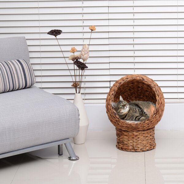 PawHut Wicker Cat Bed, Raised Rattan Cat Basket with Cylindrical Base, Soft Washable Cushion, Brown, 42 x 33 x 52 cm Aosom UK