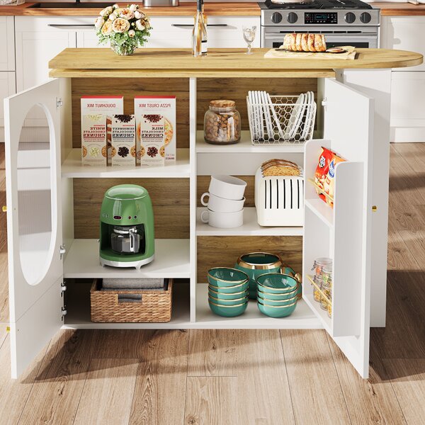 Bar Table with Storage Shelves, 360° Rotating Dining Table & Sideboard with Metal Handles, Space-Saving, 204x39x105 cm, White Aosom UK