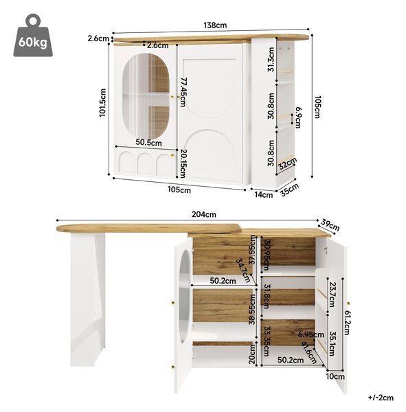 Bar Table with Storage Shelves, 360° Rotating Dining Table & Sideboard with Metal Handles, Space-Saving, 204x39x105 cm, White Aosom UK