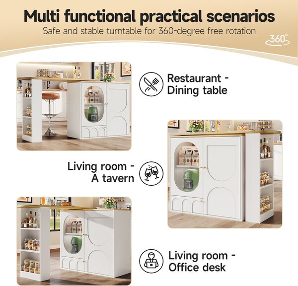 Bar Table with Storage Shelves, 360° Rotating Dining Table & Sideboard with Metal Handles, Space-Saving, 204x39x105 cm, White Aosom UK