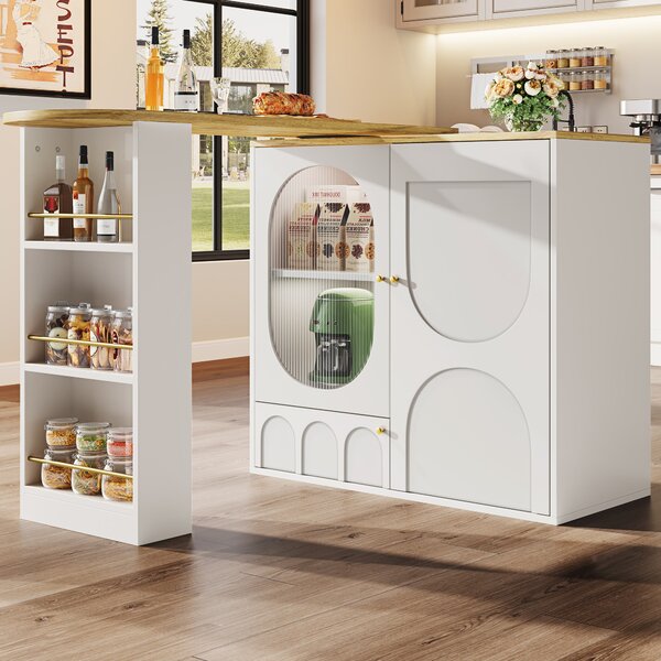 Bar Table with Storage Shelves, 360° Rotating Dining Table & Sideboard with Metal Handles, Space-Saving, 204x39x105 cm, White Aosom UK