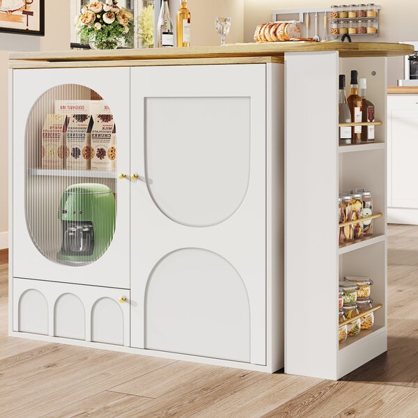 Bar Table with Storage Shelves, 360° Rotating Dining Table & Sideboard with Metal Handles, Space-Saving, 204x39x105 cm, White Aosom UK
