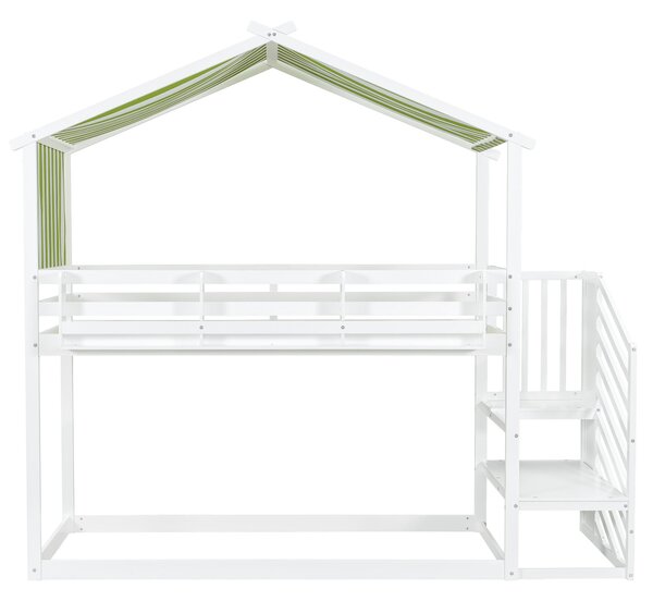 3ft Bunk Bed with Decorative Canopy, Corner Staircase, Picture Bookshelf, Single Bed with Wood Frame, 250L x 108W x 228.5H cm, White+Green Aosom UK