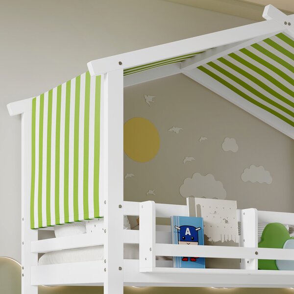 3ft Bunk Bed with Decorative Canopy, Corner Staircase, Picture Bookshelf, Single Bed with Wood Frame, 250L x 108W x 228.5H cm, White+Green Aosom UK