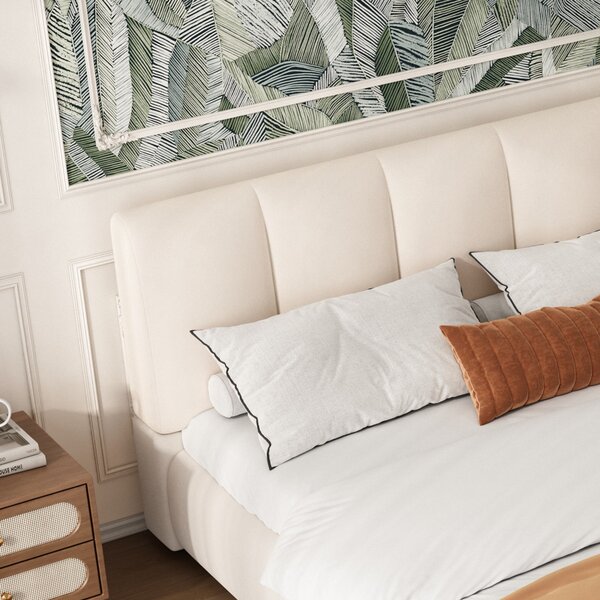 4ft6 Upholstered Double Bed with Durable Frame, Soft Headboard, Sturdy Slats, Velvet Bed for Adults, Teenagers, 213L x 152W x 89H cm, White Aosom UK