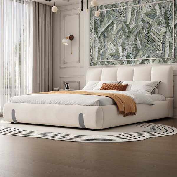 4ft6 Upholstered Double Bed with Durable Frame, Soft Headboard, Sturdy Slats, Velvet Bed for Adults, Teenagers, 213L x 152W x 89H cm, White Aosom UK