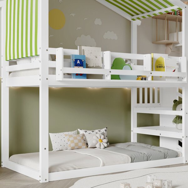 3ft Bunk Bed with Decorative Canopy, Corner Staircase, Picture Bookshelf, Single Bed with Wood Frame, 250L x 108W x 228.5H cm, White+Green Aosom UK