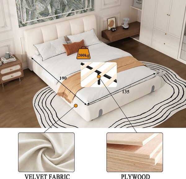 4ft6 Upholstered Double Bed with Durable Frame, Soft Headboard, Sturdy Slats, Velvet Bed for Adults, Teenagers, 213L x 152W x 89H cm, White Aosom UK