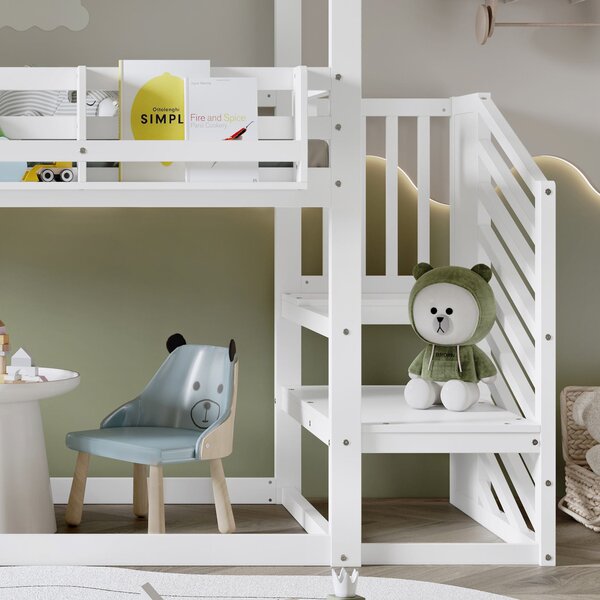 3ft Bunk Bed with Decorative Canopy, Corner Staircase, Picture Bookshelf, Single Bed with Wood Frame, 250L x 108W x 228.5H cm, White+Green Aosom UK