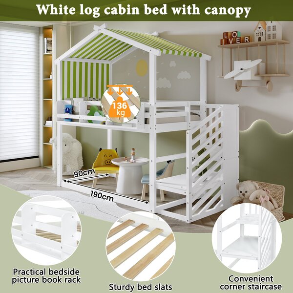 3ft Bunk Bed with Decorative Canopy, Corner Staircase, Picture Bookshelf, Single Bed with Wood Frame, 250L x 108W x 228.5H cm, White+Green Aosom UK