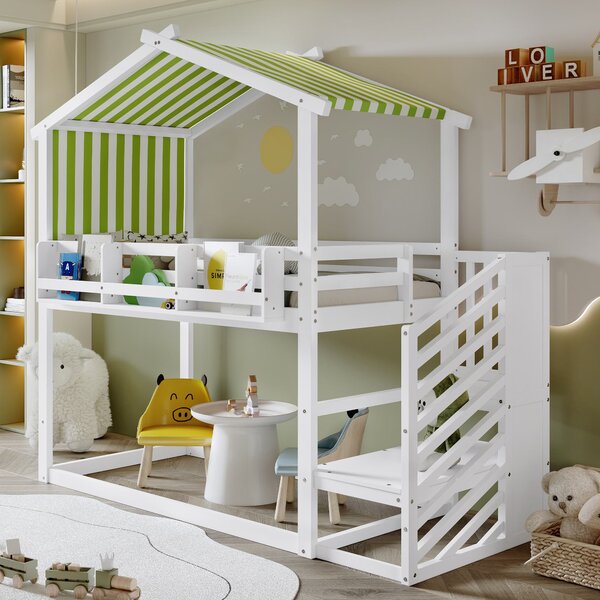 3ft Bunk Bed with Decorative Canopy, Corner Staircase, Picture Bookshelf, Single Bed with Wood Frame, 250L x 108W x 228.5H cm, White+Green Aosom UK