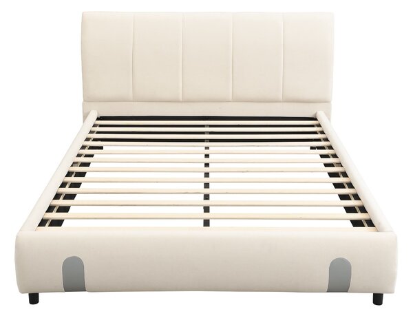 4ft6 Upholstered Double Bed with Durable Frame, Soft Headboard, Sturdy Slats, Velvet Bed for Adults, Teenagers, 213L x 152W x 89H cm, White Aosom UK