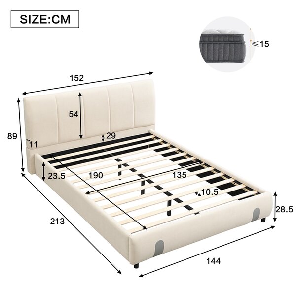 4ft6 Upholstered Double Bed with Durable Frame, Soft Headboard, Sturdy Slats, Velvet Bed for Adults, Teenagers, 213L x 152W x 89H cm, White Aosom UK