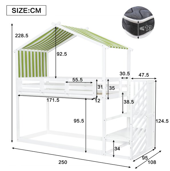 3ft Bunk Bed with Decorative Canopy, Corner Staircase, Picture Bookshelf, Single Bed with Wood Frame, 250L x 108W x 228.5H cm, White+Green Aosom UK