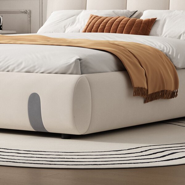 4ft6 Upholstered Double Bed with Durable Frame, Soft Headboard, Sturdy Slats, Velvet Bed for Adults, Teenagers, 213L x 152W x 89H cm, White Aosom UK