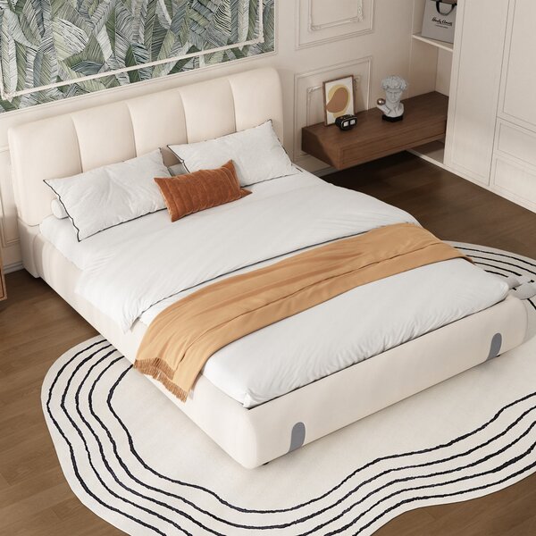 4ft6 Upholstered Double Bed with Durable Frame, Soft Headboard, Sturdy Slats, Velvet Bed for Adults, Teenagers, 213L x 152W x 89H cm, White Aosom UK