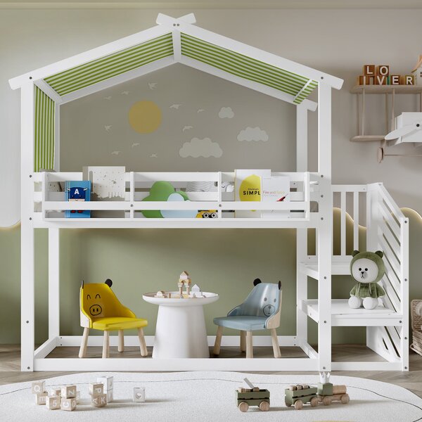 3ft Bunk Bed with Decorative Canopy, Corner Staircase, Picture Bookshelf, Single Bed with Wood Frame, 250L x 108W x 228.5H cm, White+Green Aosom UK