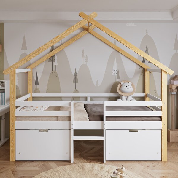 3ft Children's Bed with 2 Storage Drawers, Safety Guardrail, Wood Frame, Single Bed with Roof Design, 201.5L x 95W x 212H cm, White+Natural Aosom UK
