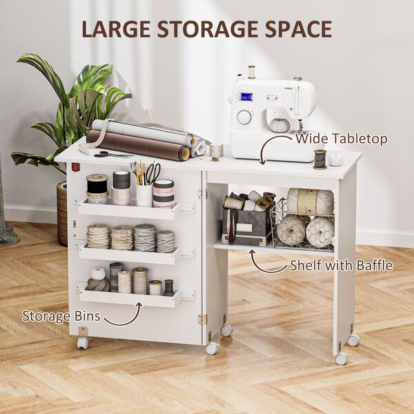 HOMCOM Folding Sewing Table, Drop Leaf Craft Table with Storage Bins, Open Shelf and Wheels for Small Space, White Aosom UK