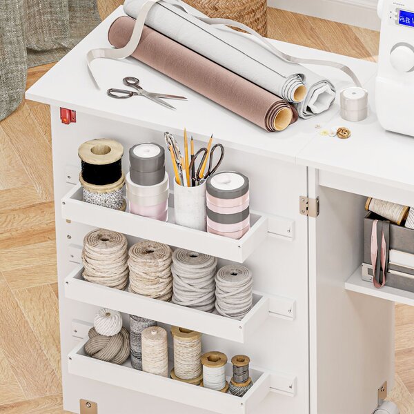 HOMCOM Folding Sewing Table, Drop Leaf Craft Table with Storage Bins, Open Shelf and Wheels for Small Space, White Aosom UK