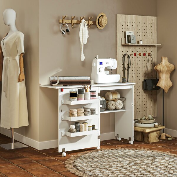 HOMCOM Folding Sewing Table, Drop Leaf Craft Table with Storage Bins, Open Shelf and Wheels for Small Space, White Aosom UK