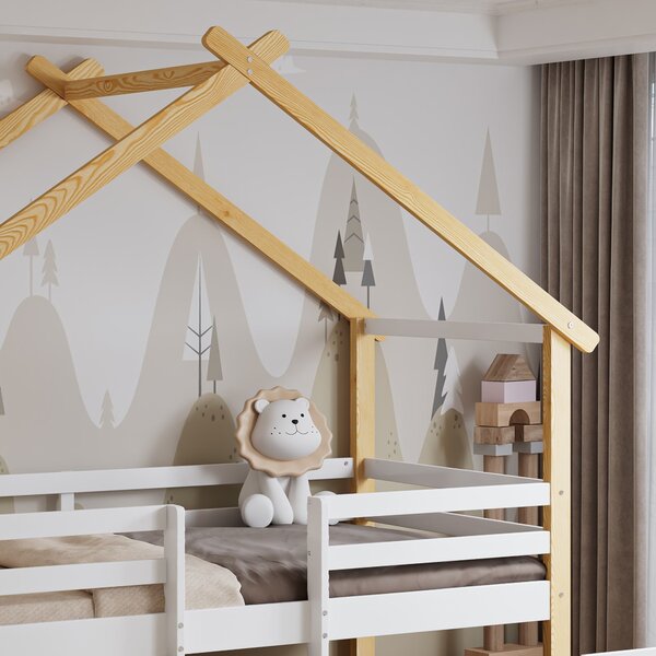 3ft Children's Bed with 2 Storage Drawers, Safety Guardrail, Wood Frame, Single Bed with Roof Design, 201.5L x 95W x 212H cm, White+Natural Aosom UK
