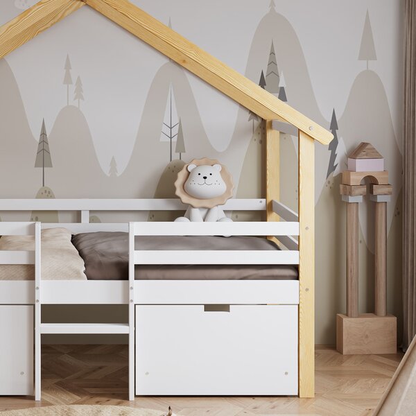 3ft Children's Bed with 2 Storage Drawers, Safety Guardrail, Wood Frame, Single Bed with Roof Design, 201.5L x 95W x 212H cm, White+Natural Aosom UK