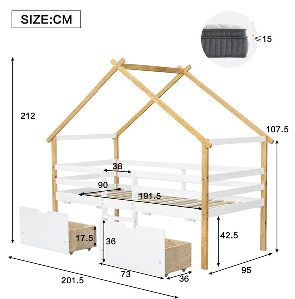 3ft Children's Bed with 2 Storage Drawers, Safety Guardrail, Wood Frame, Single Bed with Roof Design, 201.5L x 95W x 212H cm, White+Natural Aosom UK